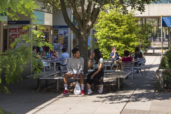 Students socialising in sunny outdoor area