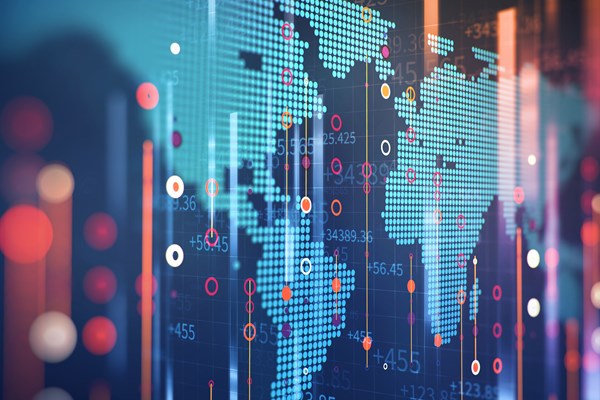 Financial numbers superimposed with a digital map