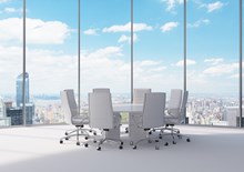 Meeting table and chairs in a bright room with a view