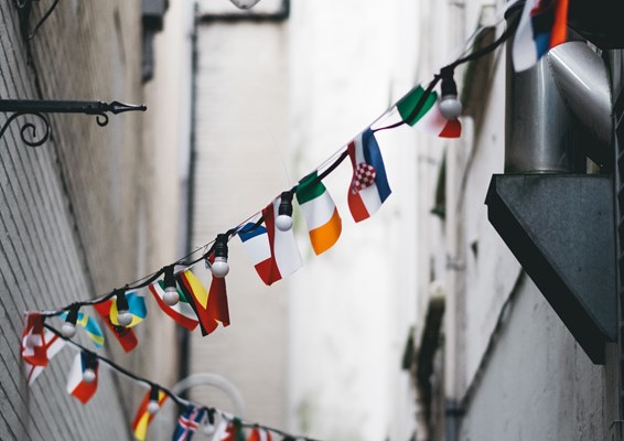 International flags hanging in the street