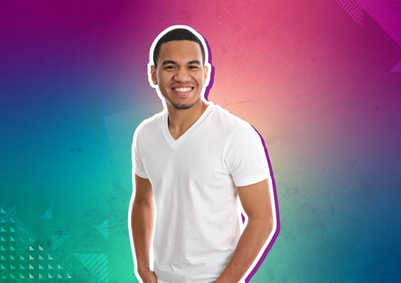 Smiling student on multicoloured background